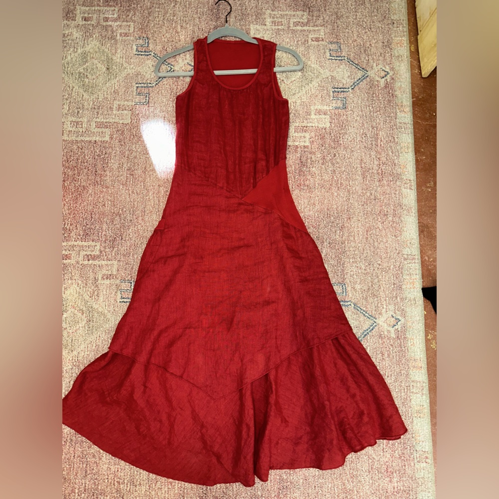 Inizio made in Italy linen tiered midi sleeveless dress with pocket red
